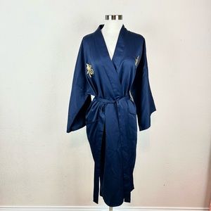 Authentic Japanese Navy Blue Gold Embroidered Kimono Robe